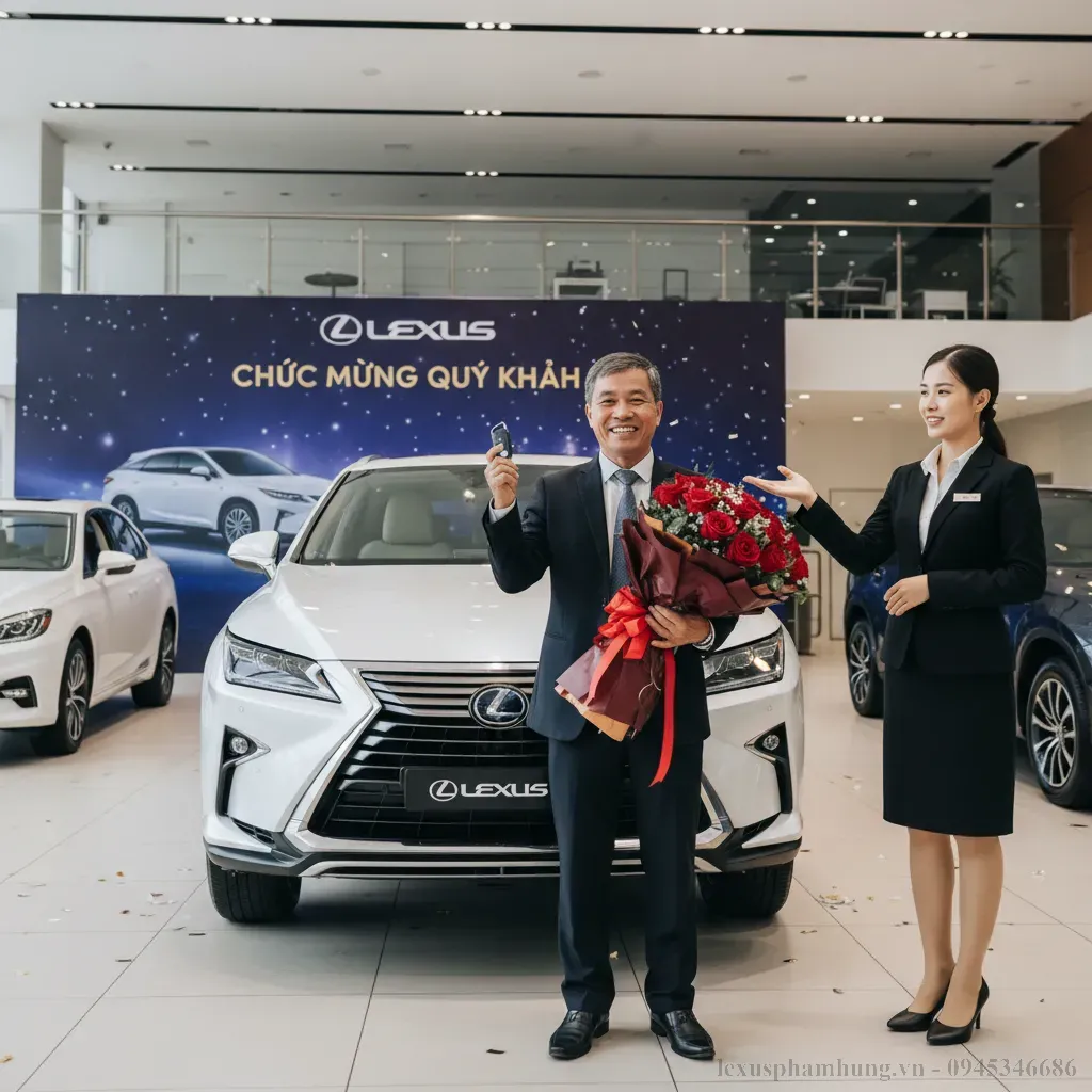 Niềm vui của kh&aacute;ch h&agrave;ng khi nhận chiếc xe Lexus LM mới tại đại l&yacute;